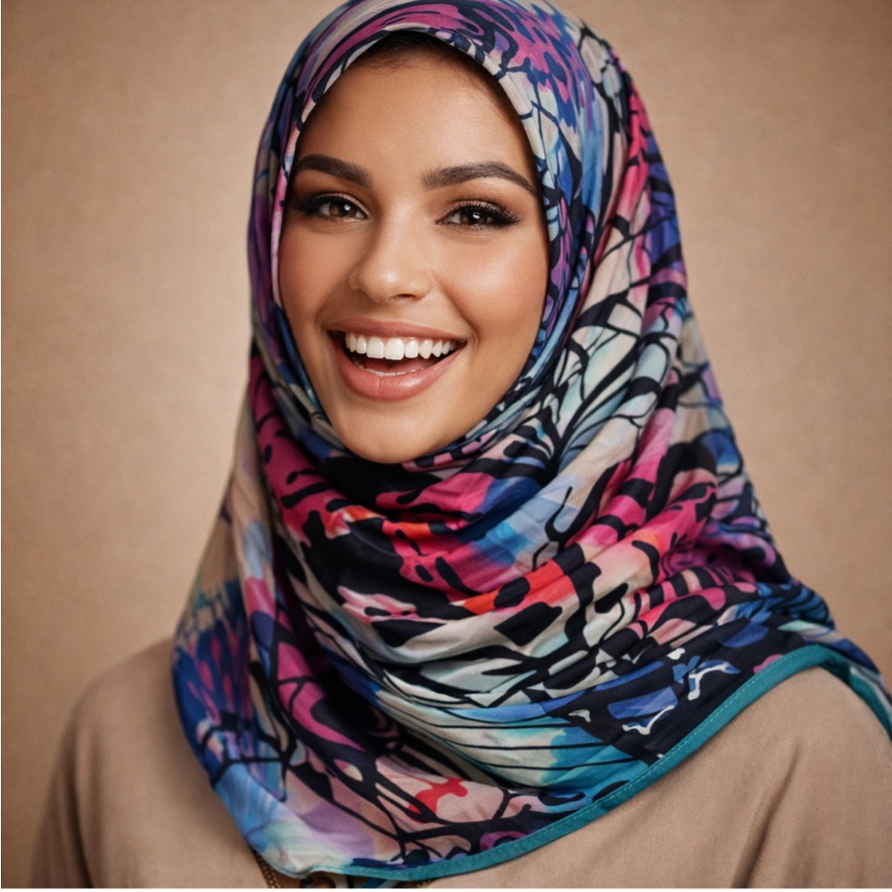 Massimo Rebecchi Vibrant Abstract Hijab Scarf in Blue, Pink, Purple